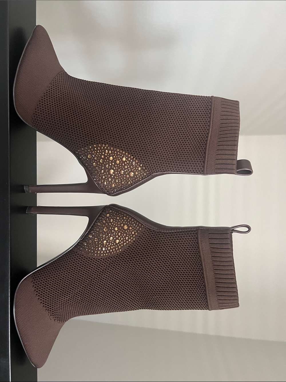 Steve Madden Brown Knit Crystal-Embellished Sock Booties